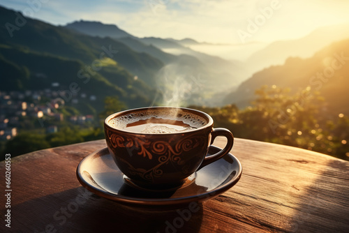 Close-up of a cup of hot coffee on a saucer on a wooden table against background of green hills of nature on a sunny morning