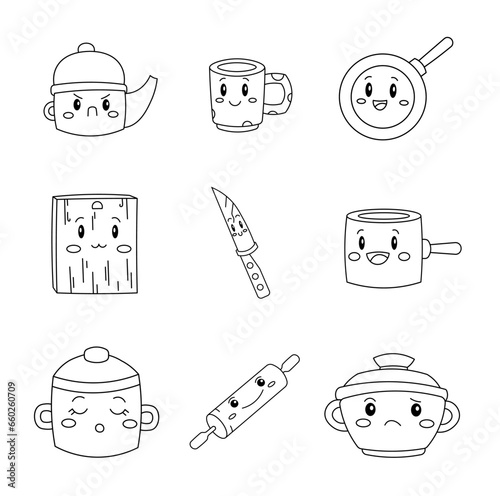 Kitchenware items. Coloring Page. Cute character teapot, mug, frying pan, cutting board, knife, coffee turk, pan, rolling pin. Vector drawing. Collection of design elements.