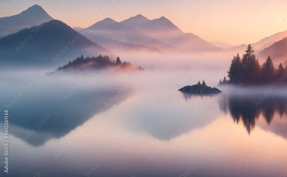A tranquil sunrise over a mist-covered mountain lake, with vibrant hues reflecting on the water's surface. ai generative .