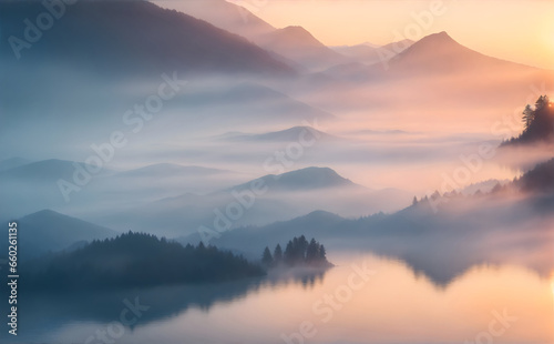 A tranquil sunrise over a mist-covered mountain lake  with vibrant hues reflecting on the water s surface. ai generative .