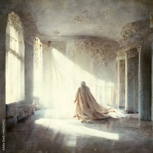 a person under a vitorian beige sheet abandoned mansion in the morning light realistic 35 mm film texture  photo