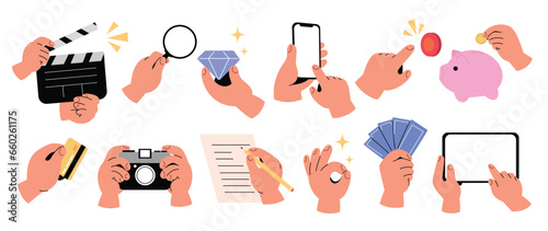 Set of different hand gestures vector. Collection of hand holding objects, business paper, laptop, credit card, finger pointing at screen, phone. Design for presentation, business, ads, social media.