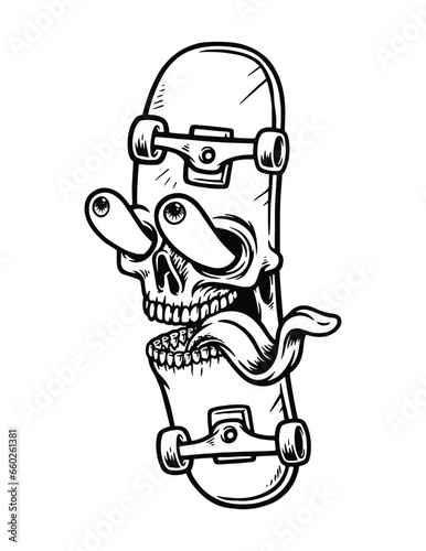 funny skull face skateboard illustration