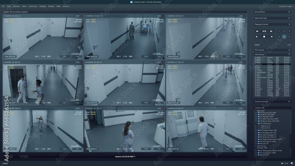 Playback CCTV cameras in clinic on PC screen. User interface of surveillance system program. Medical staff and patients walking in hospital hallway. Security cameras footage. Concept of monitoring.