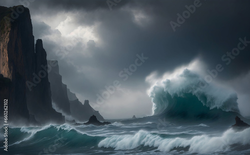 A dramatic seascape with towering cliffs meeting the crashing waves of a tumultuous ocean, shrouded in mist and spray. ai generative
