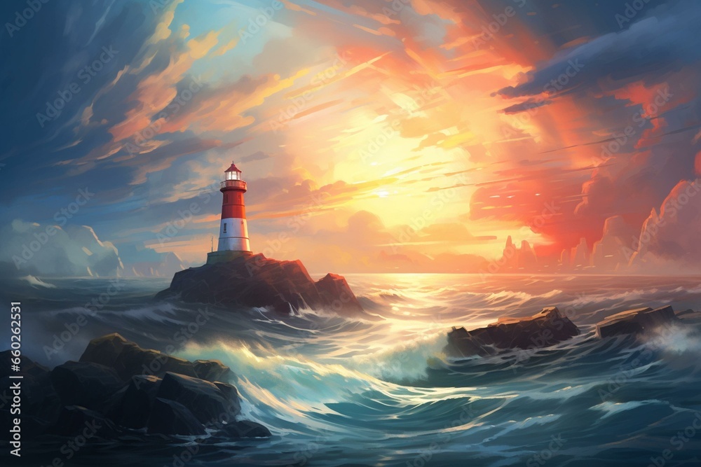 A lighthouse stands on a rocky island amidst water as sun rays pierce through the cloudy sky. Generative AI