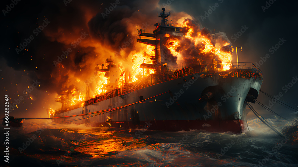 Large burning cargo ship tanker carrying oil in the sea or ocean Large burning cargo ship tanker carrying oil in the sea or ocean