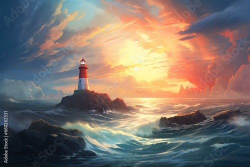 A lighthouse stands on a rocky island amidst water as sun rays pierce through the cloudy sky. Generative AI © Esperanza