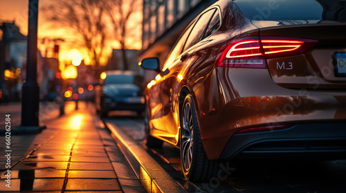 Side view of a car in a big city at sunset