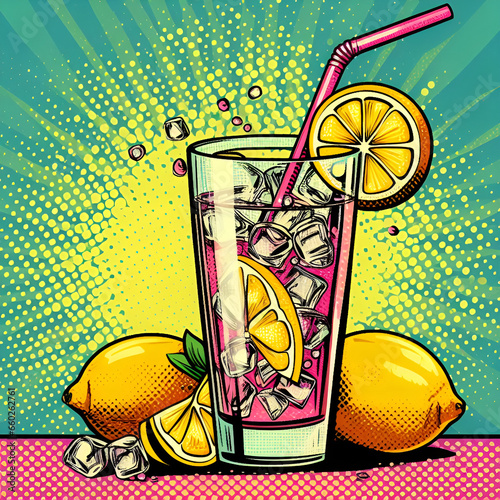 Pop Art Lemonade Glass with Ice, Straw and Fresh Lemons – Vibrant Comic Style Illustration