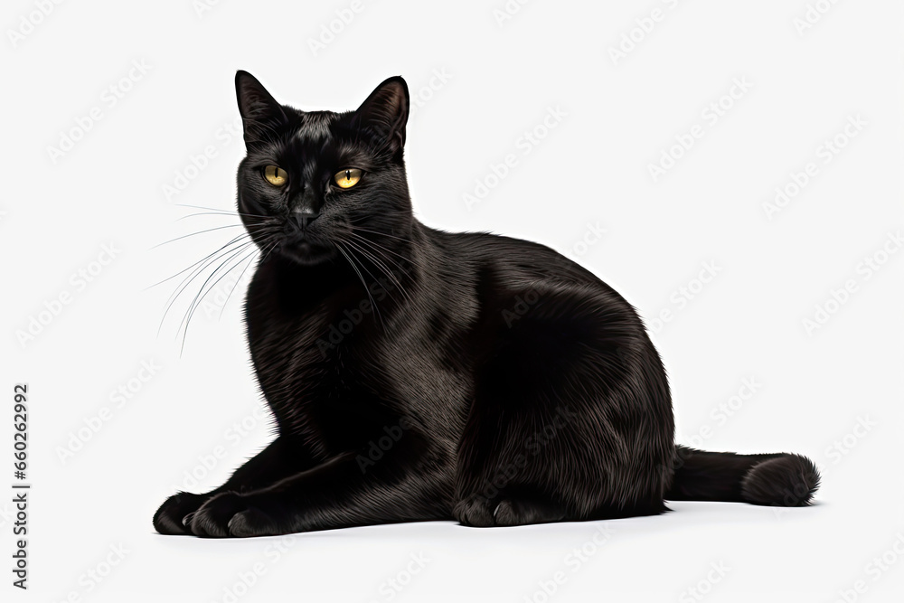 Black cat sitting on the floor in white background