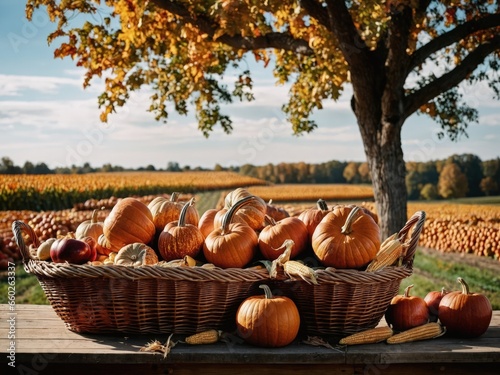 Basket of Pumpkins Cornucopia Fall Harvest Scene, Apples, and Corn on Top of Table With Field Trees And Sky Background, Still Life. 