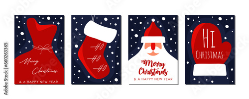 Set of christmas greeting cards with lettering, red and blue, flat vector illustration with abstract with santa claus, red bag, sock and glove design for marketing, voucher, invitation
