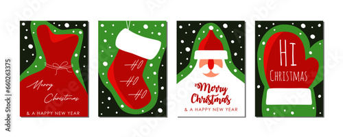 Set of christmas greeting cards with lettering, red and green, flat vector illustration with abstract with santa claus, red bag, sock and glove design for marketing, voucher, invitation