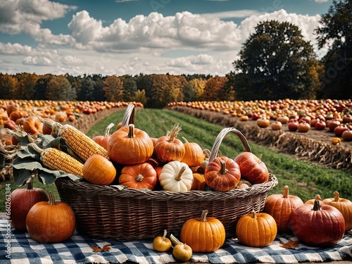 Basket of Pumpkins Cornucopia Fall Harvest Scene, Apples, and Corn on Top of Table With Field Trees And Sky Background, Still Life. 