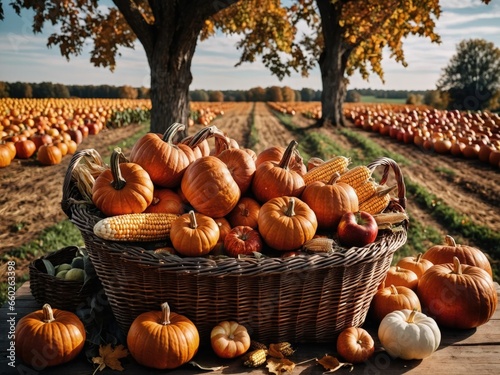 Basket of Pumpkins Cornucopia Fall Harvest Scene, Apples, and Corn on Top of Table With Field Trees And Sky Background, Still Life. 