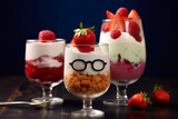 Glasses with cold desserts and strawberries