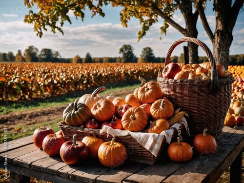 Basket of Pumpkins Cornucopia Fall Harvest Scene, Apples, and Corn on Top of Table With Field Trees And Sky Background, Still Life. 