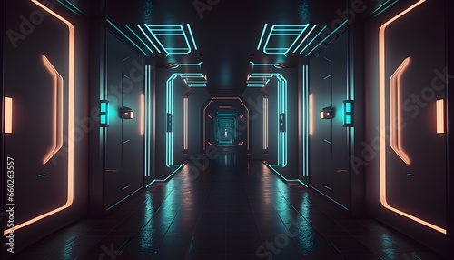 futuristic alien passageway deepspace neon lights dark lighting technological 4k 