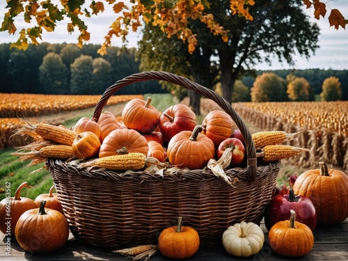 Basket of Pumpkins Cornucopia Fall Harvest Scene, Apples, and Corn on Top of Table With Field Trees And Sky Background, Still Life. 
