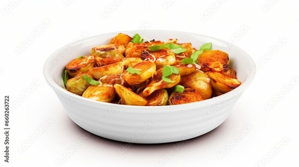 A dish of roasted brussels sprouts, caramelized and crispy. isolate on white background A dish of roasted brussels sprouts, caramelized and crispy. isolate on white background