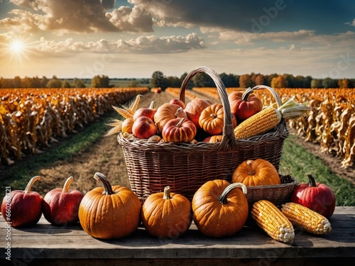 Basket of Pumpkins Cornucopia Fall Harvest Scene, Apples, and Corn on Top of Table With Field Trees And Sky Background, Still Life. 