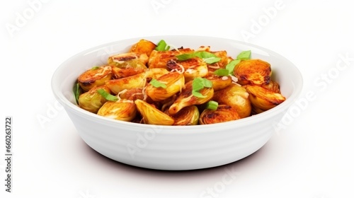 A dish of roasted brussels sprouts, caramelized and crispy. isolate on white background