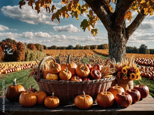 Basket of Pumpkins Cornucopia Fall Harvest Scene, Apples, and Corn on Top of Table With Field Trees And Sky Background, Still Life. 