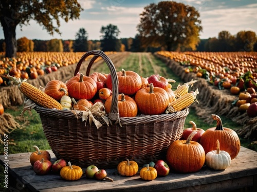 Basket of Pumpkins Cornucopia Fall Harvest Scene, Apples, and Corn on Top of Table With Field Trees And Sky Background, Still Life. 