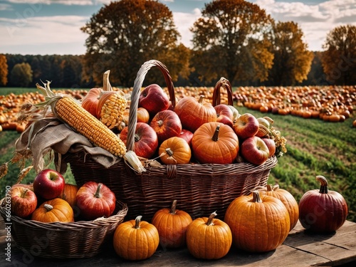 Basket of Pumpkins Cornucopia Fall Harvest Scene, Apples, and Corn on Top of Table With Field Trees And Sky Background, Still Life. 