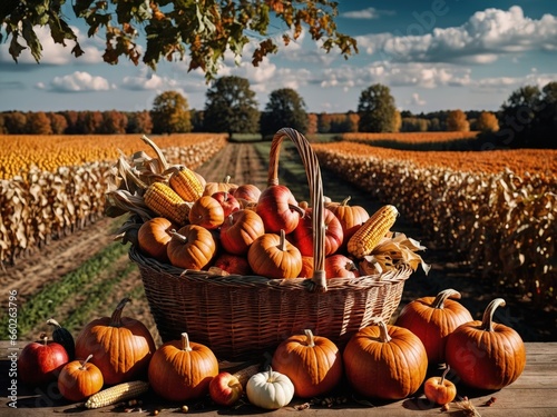 Basket of Pumpkins Cornucopia Fall Harvest Scene, Apples, and Corn on Top of Table With Field Trees And Sky Background, Still Life. 