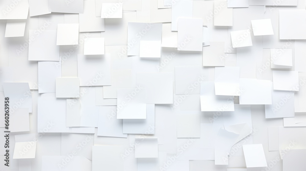 A creative and chaotic image of a white wall covered in white sticky notes. The sticky notes are arranged in a random and haphazard manner. The notes are of different sizes and shapes. - obrazy, fototapety, plakaty 
