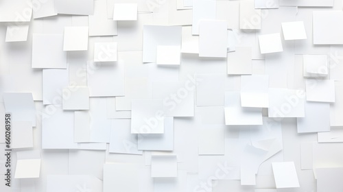 A creative and chaotic image of a white wall covered in white sticky notes. The sticky notes are arranged in a random and haphazard manner. The notes are of different sizes and shapes. © พงศ์พล วันดี