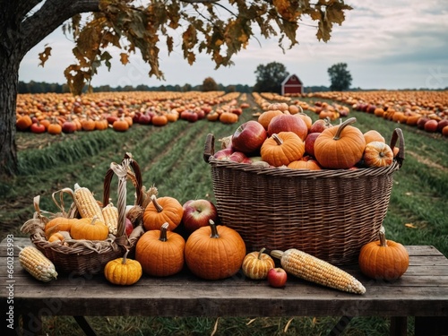 Basket of Pumpkins Cornucopia Fall Harvest Scene  Apples  and Corn on Top of Table With Field Trees And Sky Background  Still Life. 