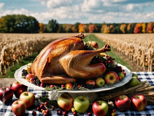 Thanksgiving Turkey Fall Harvest Scene, ,with Apples, Pie, and Corn on Top of Table With Field Trees And Sky Background, Still Life. 