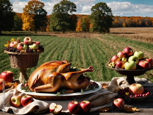 Thanksgiving Turkey Fall Harvest Scene, ,with Apples, Pie, and Corn on Top of Table With Field Trees And Sky Background, Still Life. 