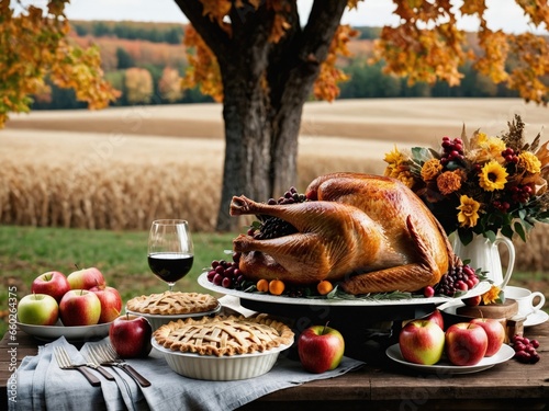 Thanksgiving Turkey Fall Harvest Scene, ,with Apples, Pie, and Corn on Top of Table With Field Trees And Sky Background, Still Life. 