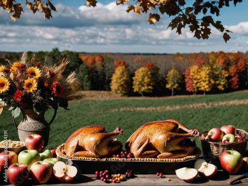 Thanksgiving Turkey Fall Harvest Scene, ,with Apples, Pie, and Corn on Top of Table With Field Trees And Sky Background, Still Life. 