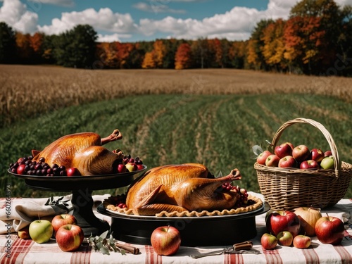 Thanksgiving Turkey Fall Harvest Scene, ,with Apples, Pie, and Corn on Top of Table With Field Trees And Sky Background, Still Life. 
