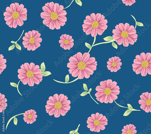 seamless vector flowers pattern on navy  backgorund