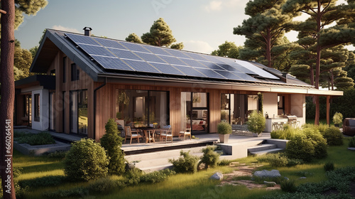 Modern house with solar panels. Generative AI © jcalvera