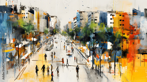 figurative painting city, movement concept in the city, community, people