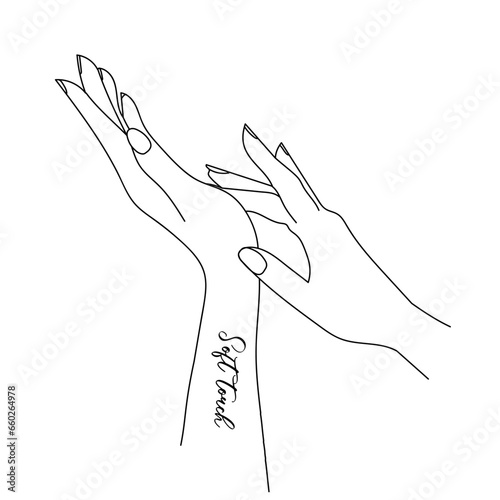 Gentle hands in a minimalistic linear style. Logo design in vector linear style. For cosmetics, beauty salon, tattoo, spa, manicure, jewelry store