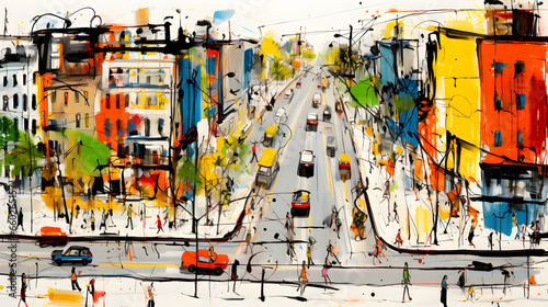 figurative painting city, movement concept in the city, community, people