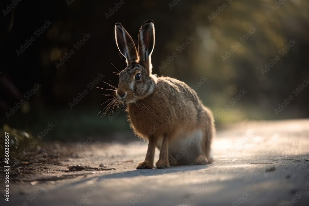 Wild hare crossing the car forest field road Wild hare crossing the car forest field road