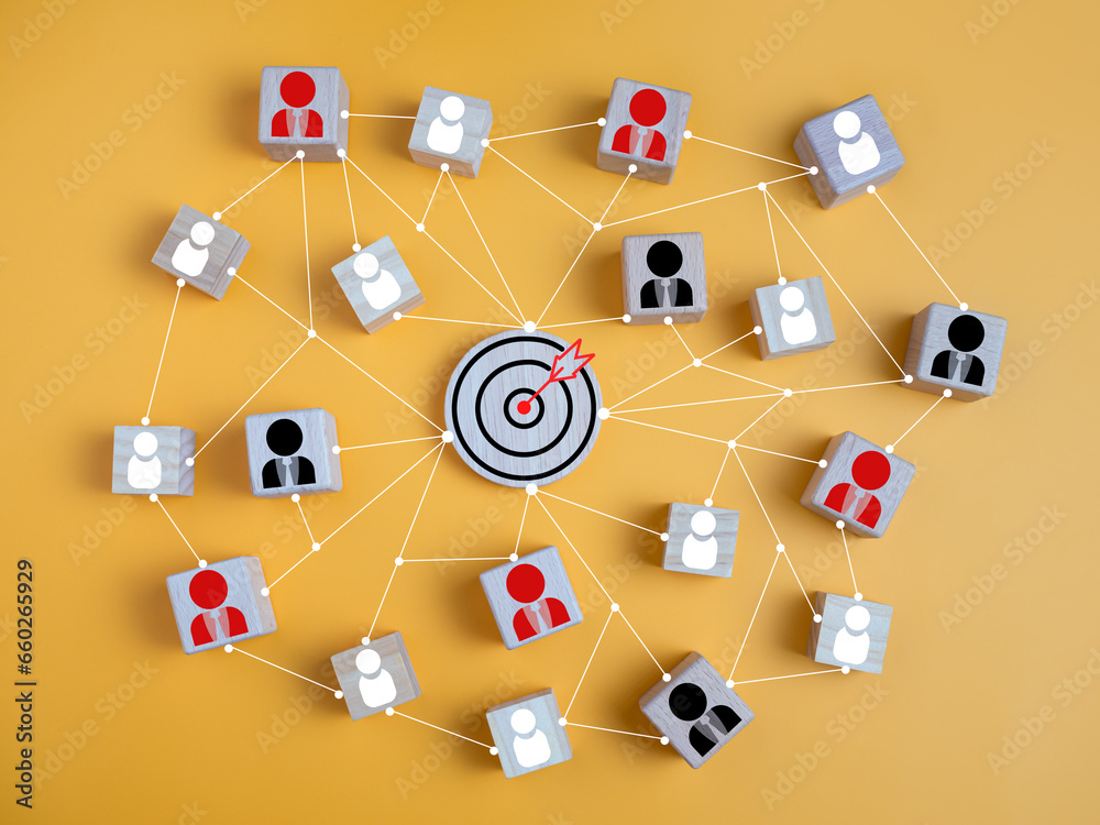 Dartboard and red arrow connection linkage with human icon for customer focus target group and customer relation management concept. Target customer, Marketing plan and strategies. Dartboard and red arrow connection linkage with human icon for customer focus target group and customer relation management concept. Target customer, Marketing plan and strategies.