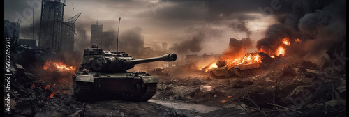 Armored tank crosses destroyed city during war invasion epic scene of fire and some in war. Generative Ai photo