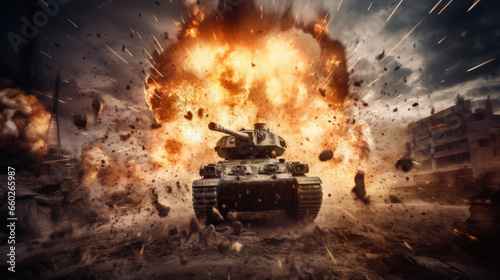 Armored tank shooting of a battle field in a war. bombs and explosions in war. Generative Ai