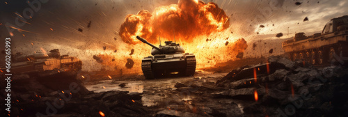 Armored tank shooting of a battle field in a war. bombs and explosions in war. Generative Ai
