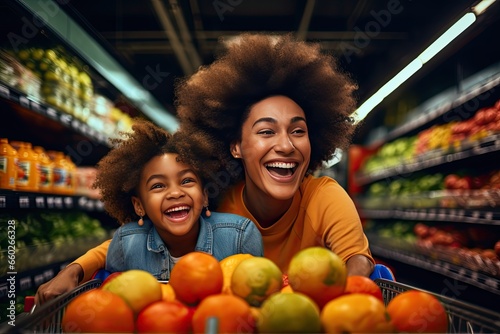 Portrait of afro american mother and son excited shopping at the grocery store photo